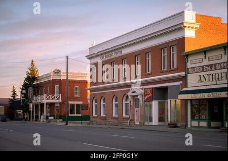 Nanton, Alberta - May 7, 2021: Facade of historical buildings in the historic town of Nanton. Stock Photo