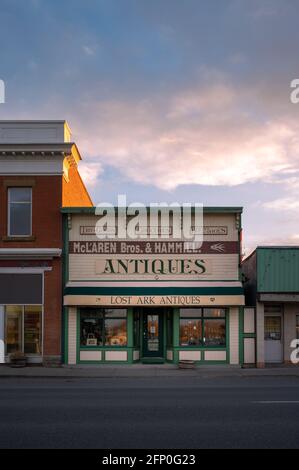 Nanton, Alberta - May 7, 2021: Facade of historical buildings in the historic town of Nanton. Stock Photo