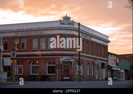 Nanton, Alberta - May 7, 2021: Facade of historical buildings in the historic town of Nanton. Stock Photo