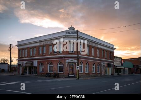 Nanton, Alberta - May 7, 2021: Facade of historical buildings in the historic town of Nanton. Stock Photo