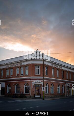 Nanton, Alberta - May 7, 2021: Facade of historical buildings in the historic town of Nanton. Stock Photo