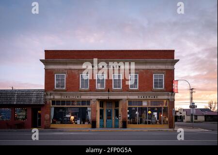 Nanton, Alberta - May 7, 2021: Facade of historical buildings in the historic town of Nanton. Stock Photo