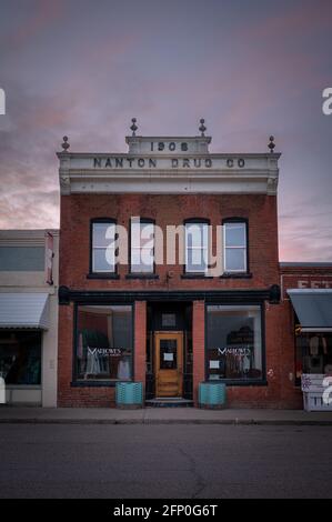 Nanton, Alberta - May 7, 2021: Facade of historical buildings in the historic town of Nanton. Stock Photo