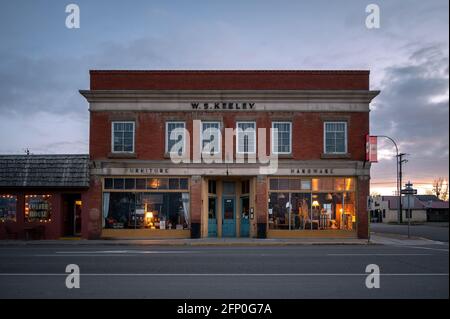 Nanton, Alberta - May 7, 2021: Facade of historical buildings in the historic town of Nanton. Stock Photo