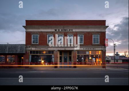 Nanton, Alberta - May 7, 2021: Facade of historical buildings in the historic town of Nanton. Stock Photo