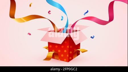Cute Surprise Gift Box With Falling Confetti. Present box as prize concept. Vector illustration Stock Vector