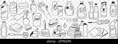 Housework equipment and tools doodle set. Collection of hand drawn various sprays brushes gloves liquids for cleaning and washing in rows isolated on transparent background  Stock Vector