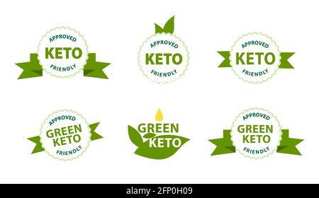Keto friendly, approved stamp. Ketogenic diet approved label in eco style with green ribbons. Guarantee Logo. Food and Nutrition products friendly sta Stock Vector