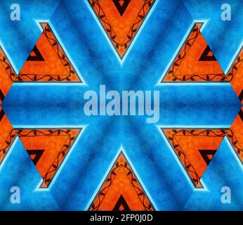Abstract background with geometric kaleidoscopic design obtained from two-colors painted outside wall with light azure blue and vivid orange Stock Photo