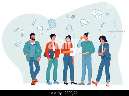 Group of young teachers, college or university students or scientists among various symbols of education and science, flat vector illustration isolate Stock Vector