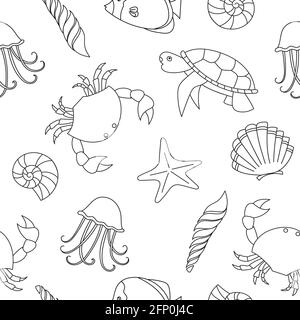 Vector seamless pattern with sea fauna. Background with starfish, jellyfish, fish, crab, shell. Abstract decorative cute illustration. Graphic design Stock Vector