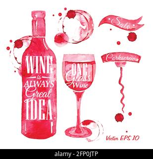 Pointer drawn pour wine with the inscription wine is always good idea with splashes and blots prints bottle, of wine, glass, a corkscrew on the white Stock Vector
