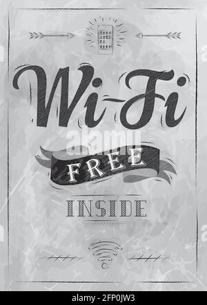 Wi-fi free inside the poster with a smart phone in retro style stylized drawing in charcoal on board Stock Vector