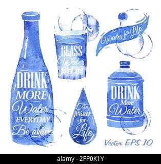 Pointer drawn pour water with the inscription water drink more water, Water for Life with splashes and blots prints bottle, of water, glass, drop, bot Stock Vector
