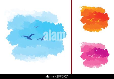 Hand painted birds in the sky. Set. Digital Art. Heaven. Background. Wallpaper. Web Site design. Hand drawn. Stock Vector