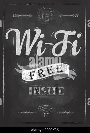 Wi-fi free inside the poster with a smart phone in retro style stylized drawing with chalk on the blackboard Stock Vector