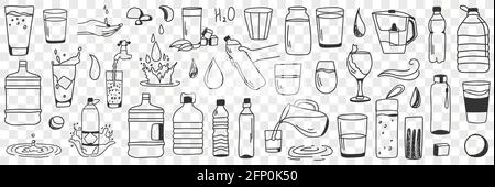 Water forms and shapes doodle set. Collection of hand drawn various states of water in bottles glass jars and taps for cleaning and drinking in rows isolated on transparent background  Stock Vector