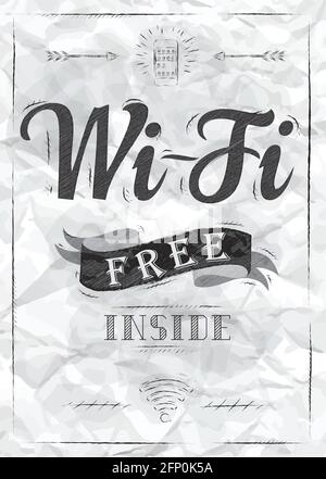 Wi-fi free inside the poster with a smart phone in retro style stylized drawing of a pen on a crumpled paper. Stock Vector