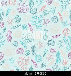 Marine vector seamless background from hand drawn sea shells and stars. Nautical pattern with shellfishes isolated on white Stock Vector