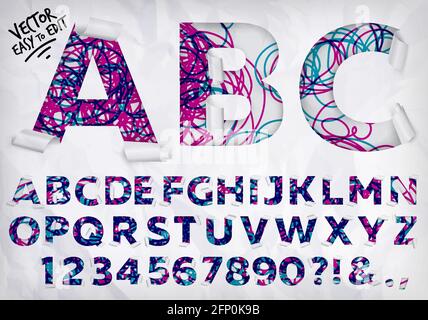 Alphabet wrapped edge of the letters cut out from crumpled paper on color lines background Stock Vector