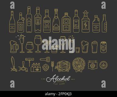 Set of alcohol icons in flat style drawing with gold lines on black background Stock Vector