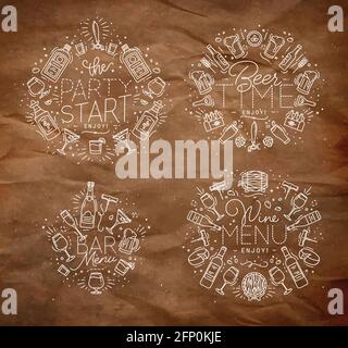 Set of alcohol monograms in flat style drawing with grey lines on craft background Stock Vector