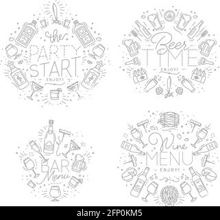 Set of alcohol monograms in flat style drawing with grey lines on white background Stock Vector
