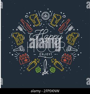 Alcohol monogram in flat style lettering happy hour enjoy drawing with color lines on dark background Stock Vector