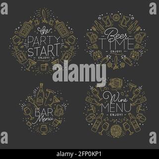 Set of alcohol monograms in flat style drawing with gold lines on dark background Stock Vector