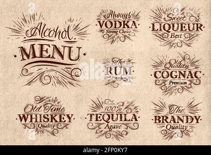 Set alcohol menu beverages lettering names in retro style vodka, liqueur, rum, cognac, brandy, tequila, whiskey in retro style Stock Vector