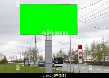 A billboard in the city. Copy space. In city street. Front view. Stock Photo