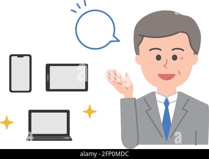 Happy office worker showing handheld devices. Vector illustration isolated on white background. Stock Vector