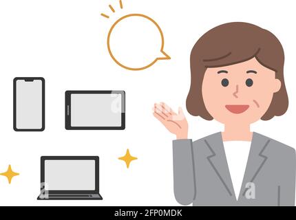 Happy office worker showing handheld devices. Vector illustration isolated on white background. Stock Vector