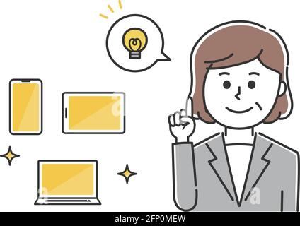 Store clerk explaining handheld devices. Vector illustration isolated on white background. Stock Vector