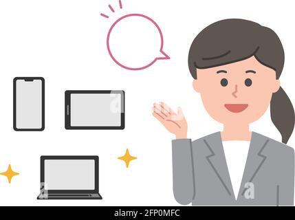 Happy office worker showing handheld devices. Vector illustration isolated on white background. Stock Vector