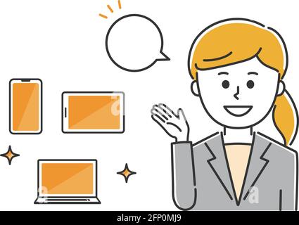 Happy office worker showing handheld devices. Vector illustration isolated on white background. Stock Vector
