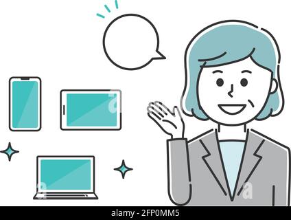 Happy office worker showing handheld devices. Vector illustration isolated on white background. Stock Vector