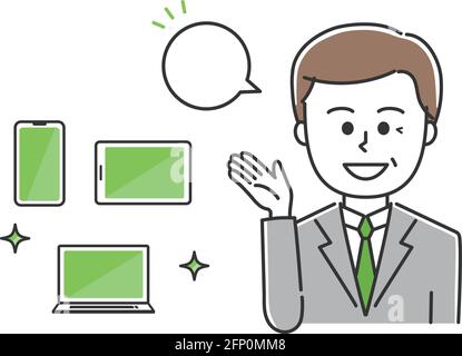 Happy office worker showing handheld devices. Vector illustration isolated on white background. Stock Vector