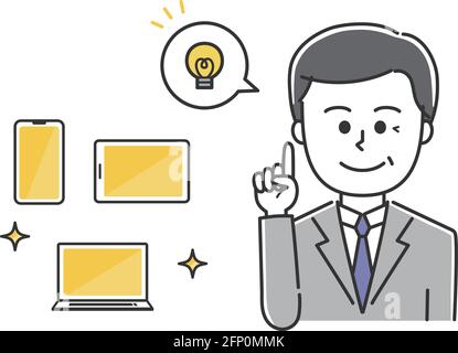 Store clerk explaining handheld devices. Vector illustration isolated on white background. Stock Vector