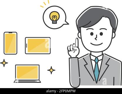 Store clerk explaining handheld devices. Vector illustration isolated on white background. Stock Vector