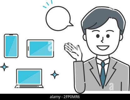 Happy office worker showing handheld devices. Vector illustration isolated on white background. Stock Vector