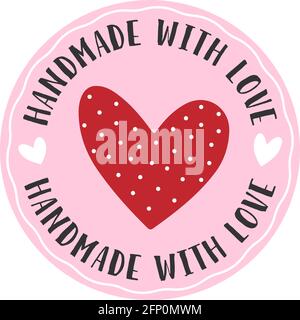 red and pink round HANDMADE WITH LOVE sticker or label vector illustration Stock Vector