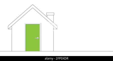Home with green door, outline vector illustration. House concept drawing with copy space. Stock Vector