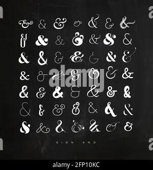 Set of hand drawn decoration ampersands for letters and invitation drawing with chalk on chalkboard background Stock Vector