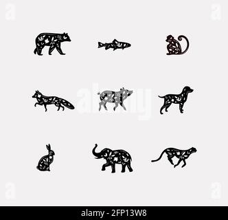 Set of animals floral graphic silhouettes bear, fish, monkey, fox, pig, dog, rabbit, elephant, cheetah drawing on dirty background Stock Vector