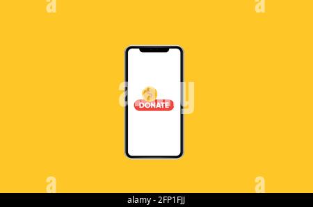 Donate online concept. Smartphone with gold coin and button on screen. Stock Vector