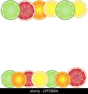 Cheerful, bright frame of circles of citrus fruits: orange, lemon, grapefruit, lime. Greeting card background Stock Vector