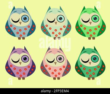 A set of six lovely owls in different color variations in a red flower with one open and one squinted, closed eye Stock Vector