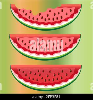 Three slices of watermelon with bones, whole, two bitten On a colored background Stock Vector