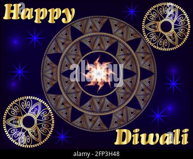 Happy Diwali. The inscription on a blue background, highlighted by a mandala. Stock Vector